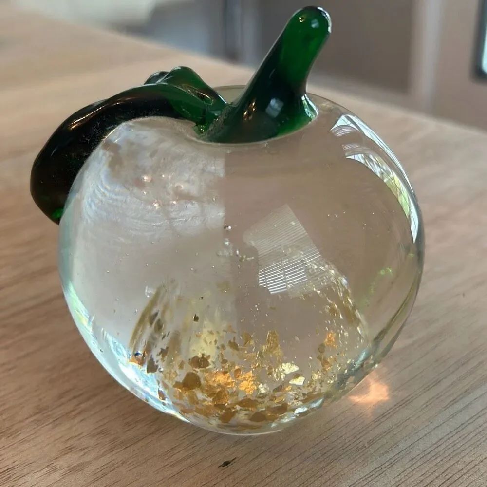 Vintage large apple clear paperweight with gold leaf